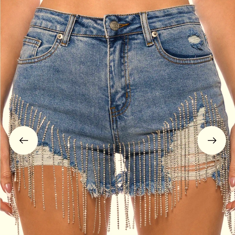 AKIRA Blue Jean Shorts with Fringe Detail
